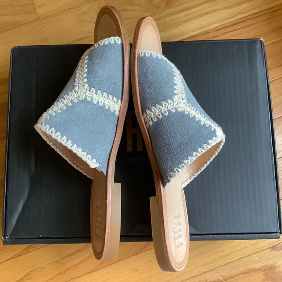 FRYE Ava Crochet Leather Slide Sandals Steel Blue SZ 9 - Picture 7 of 16